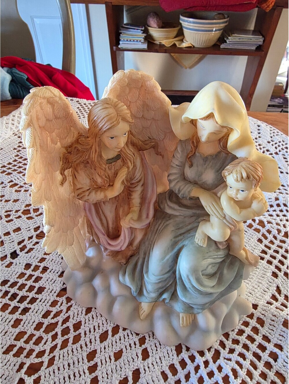 Vintage Porcelain Figurine of Virgin Mary with Baby Jesus and Angel on Cloud